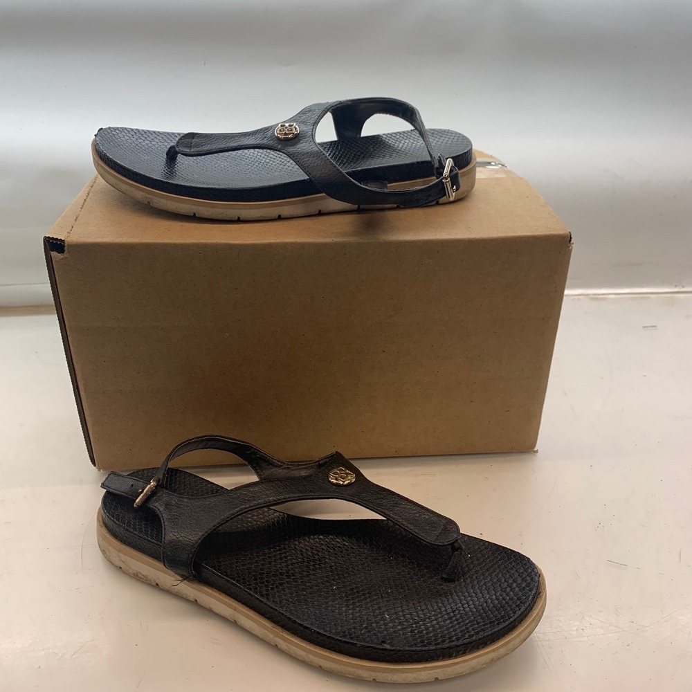 Kelly & Katie Womens Black Snakeskin Thong Sandals Size 7.5M Ankle Strap Flat